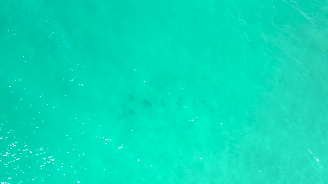 Overhead view of turquoise ocean water in San Jose Del Cabo, Mexico, with small sunlit ripples and faint darker patches beneath the surface, no visible people.