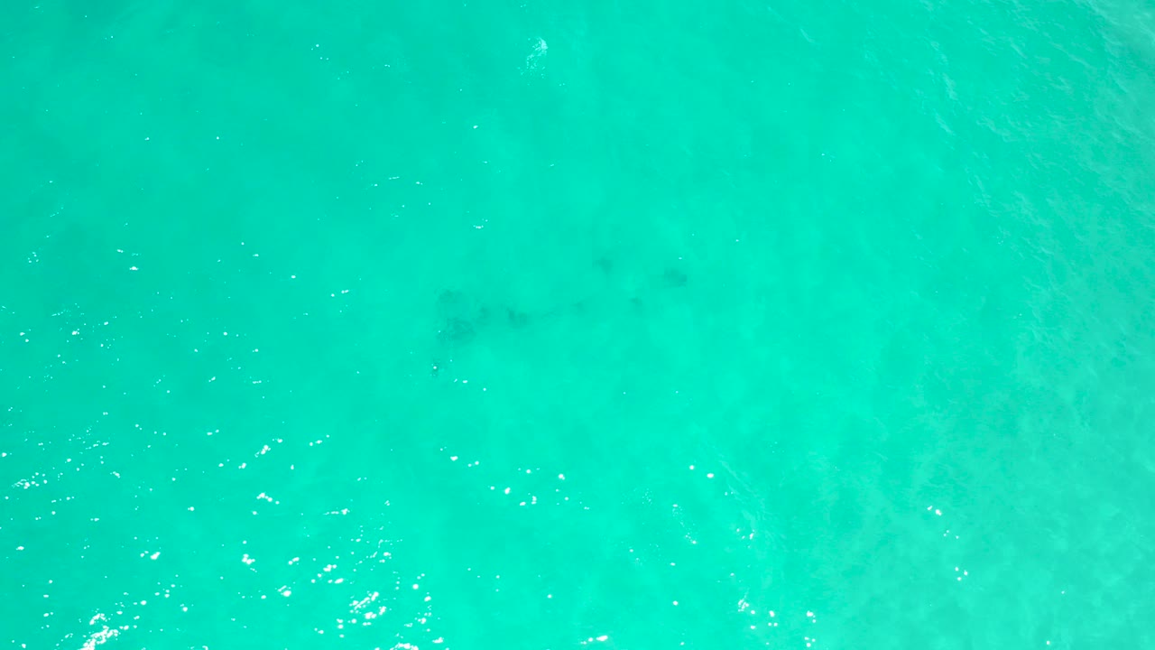 Top-down view of turquoise sea water in San Jose Del Cabo, Mexico, with small sun glints and faint dark underwater shapes, no visible people.