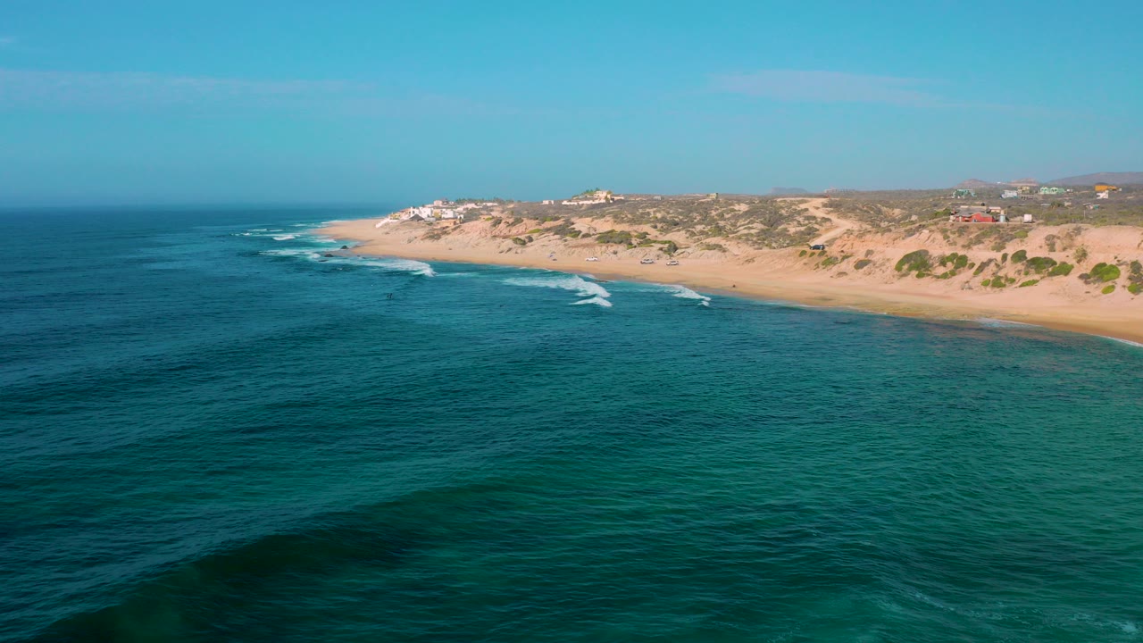 Aerial view of blue ocean beside a sandy plant-lined beach.
