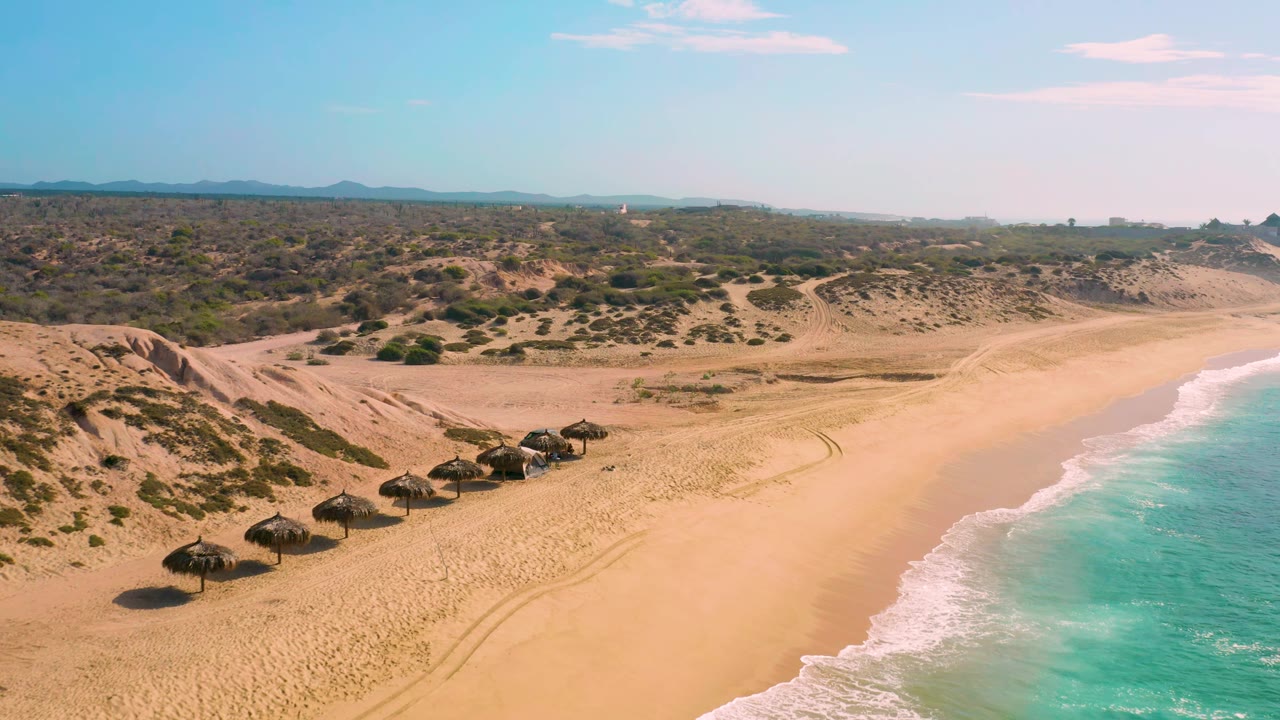 Wide aerial coast with palapas beside open sand and surf