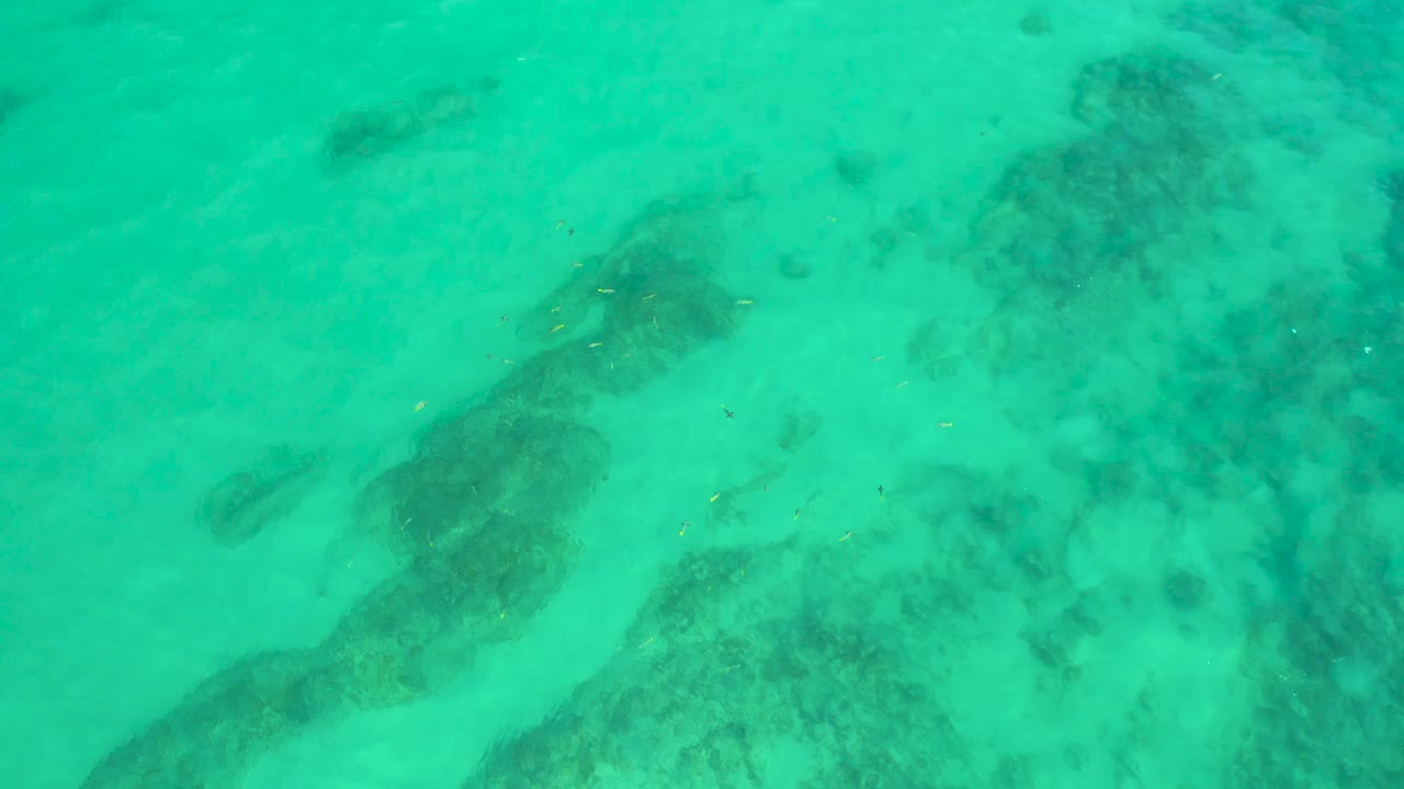 Top-down shallow water at Shipwrecks Beach, Baja California Sur, shows scattered dark seabed shapes under turquoise water and no visible people.