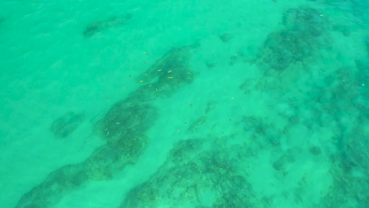 Aerial water texture at Shipwrecks Beach, Baja California Sur, with darker underwater forms crossing the pale sandy bottom and no visible people.