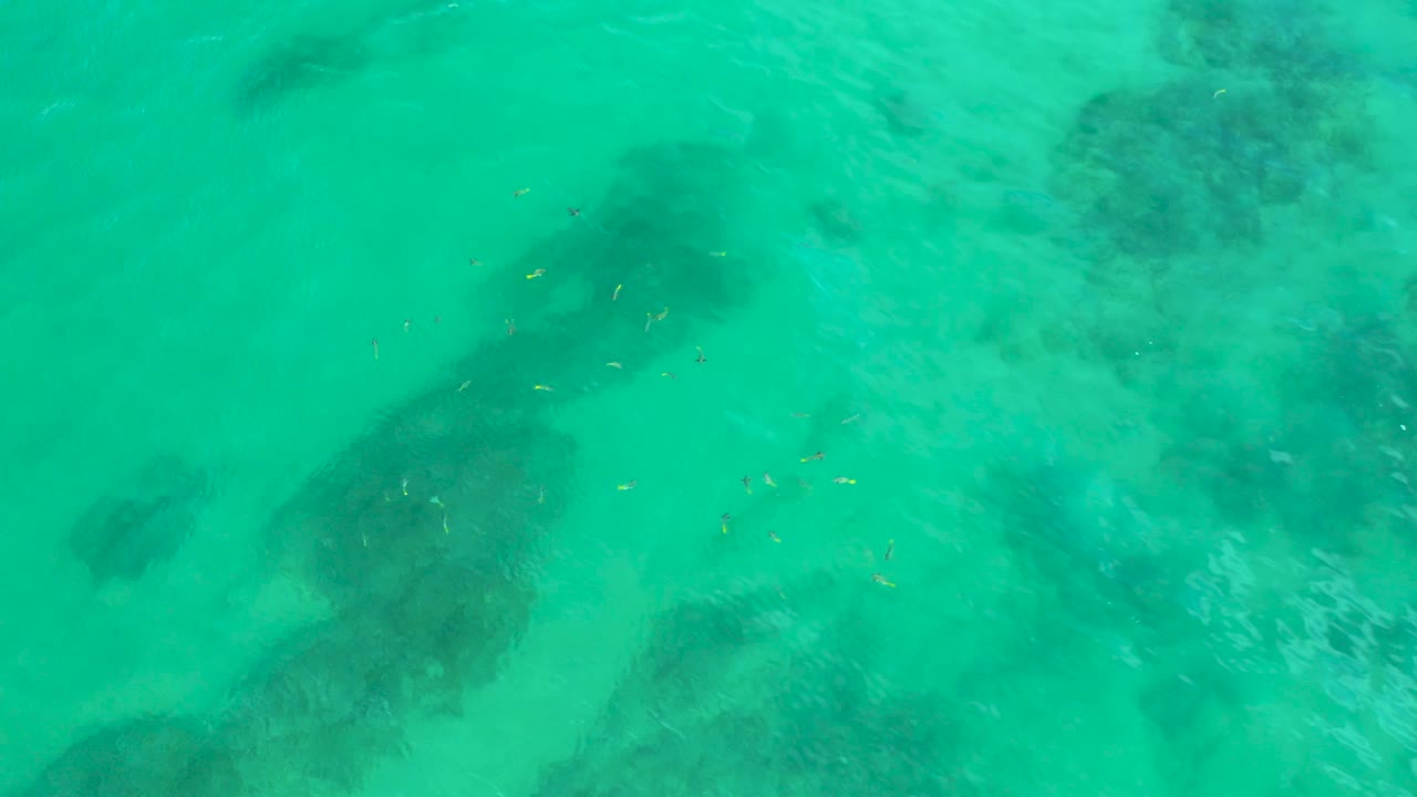 Aerial view over bright green-blue water at Shipwrecks Beach, where darker underwater forms sit beneath a lightly rippled surface and no visible people appear.