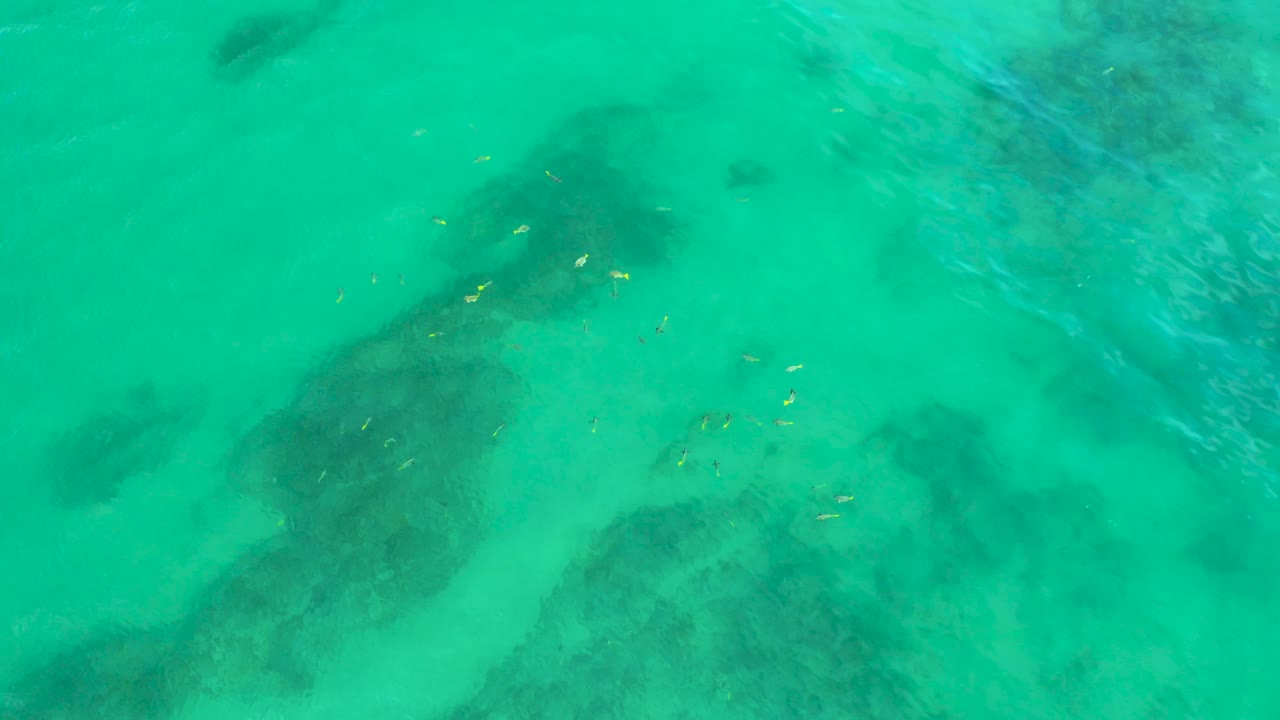 Shallow ocean water at Shipwrecks Beach shows pale sand tones, dark submerged patches, and soft surface ripples with no visible people.