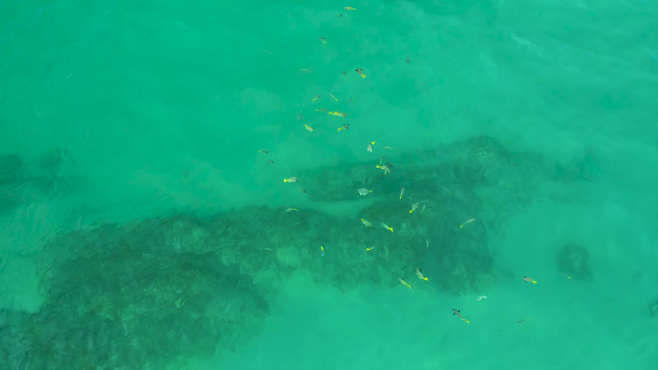 Clear green-blue water with rock shapes below the surface.