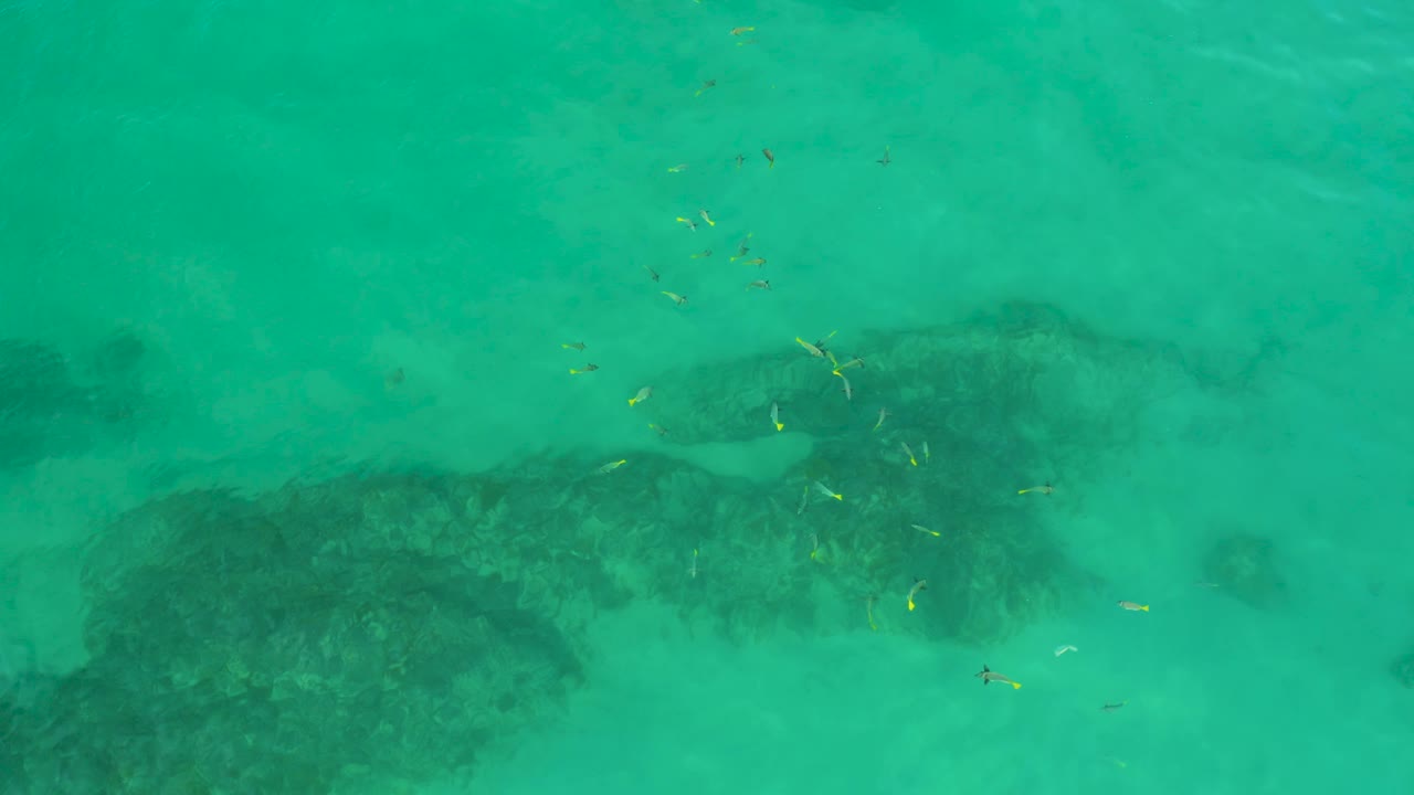 Top-down view of Shipwrecks Beach shallows with darker rock masses crossing the frame and pale sand visible through the turquoise water.