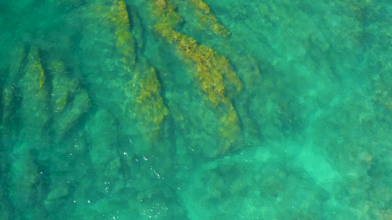 Overhead coastal water at Shipwrecks Beach, Baja California Sur, shows darker plant streaks and uneven submerged rock forms beneath a translucent turquoise surface, no visible people.