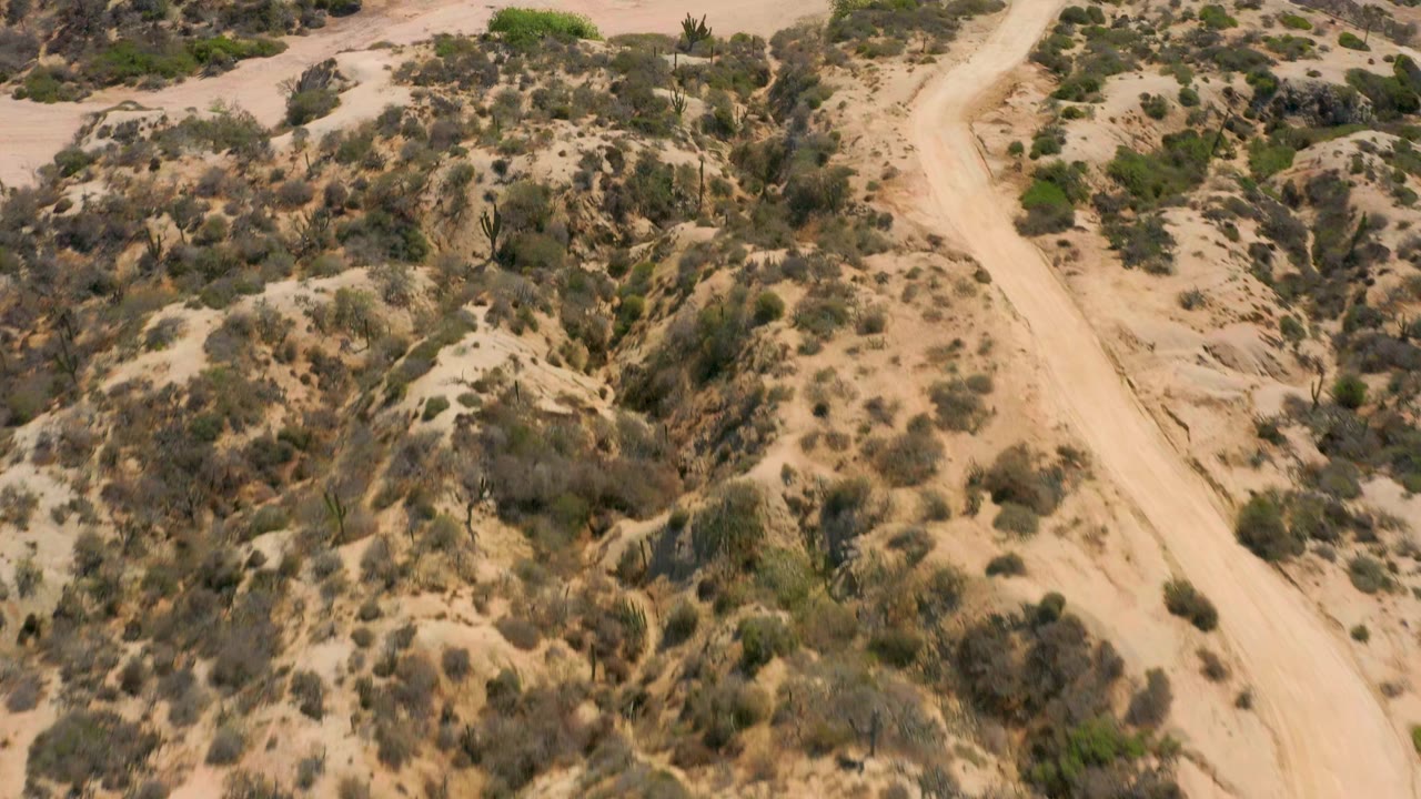 Aerial top view over sandy scrubland at Shipwrecks Beach, Baja California Sur, with a pale winding dirt path near the right side and no visible people.
