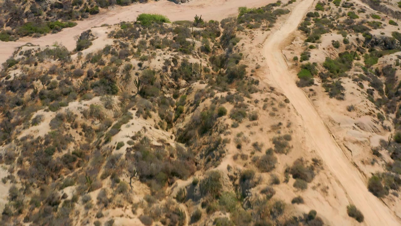 Aerial top view in Baja California Sur with a pale dirt path running vertically through sparse brush and sandy banks, with no visible people.