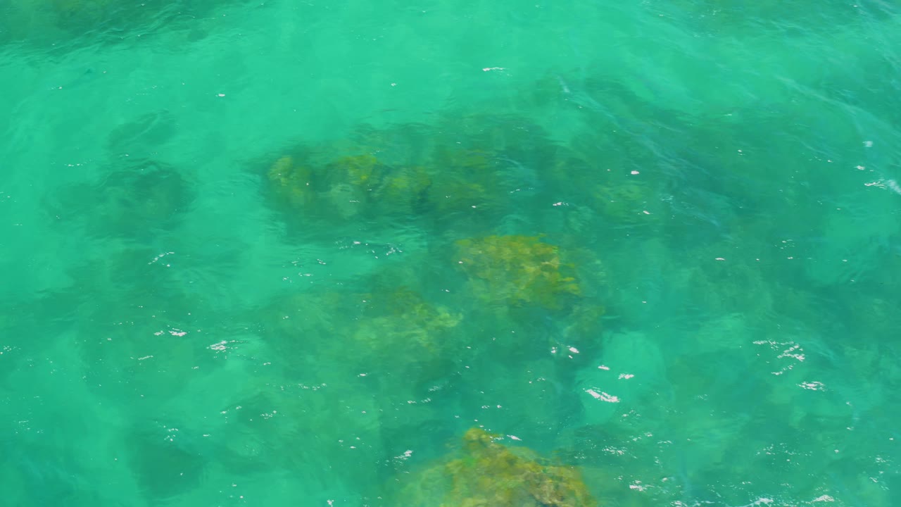 Shallow turquoise water at Shipwrecks Beach reveals several plant-covered rocks spread across the lower frame and no visible people.