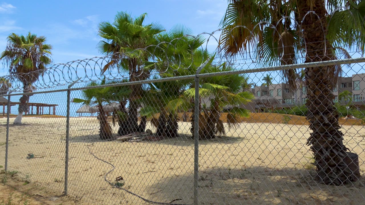 Chain-link fence topped with coiled barbed wire crosses a sandy San Jose del Cabo area with palms, distant buildings, blue sky, and no visible people.