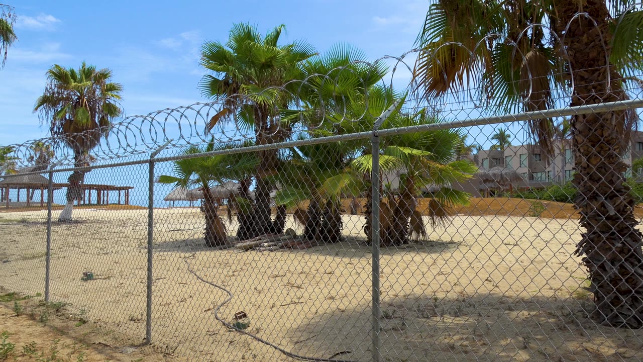The fence runs diagonally across the foreground while palms fill the midground and pale buildings sit beyond the sandy area in San Jose del Cabo, with no visible people.