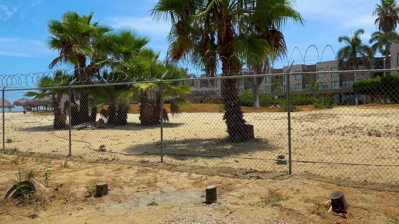 Second frame shows the San Jose Del Cabo fence line slightly farther along, with a tall palm trunk near the right side, sandy foreground, huts beyond the fence, and no visible people.