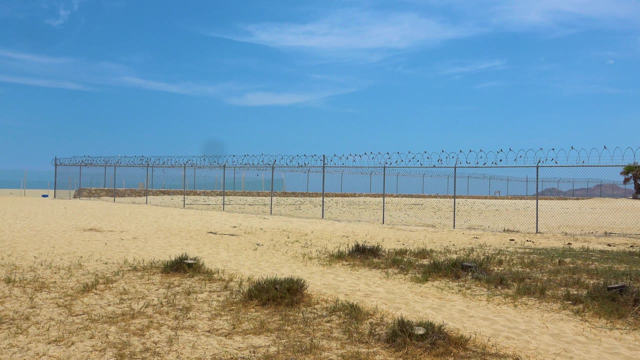 Wide San Jose Del Cabo view with dry scrub in the foreground, coiled-wire fencing across the middle of frame, a small palm at the far right edge, and no visible people.