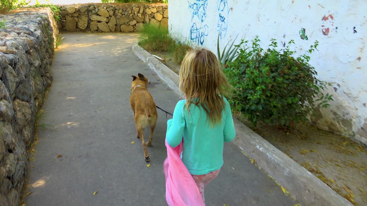 At 0:00, a young girl in a turquoise top walks a tan dog on a leash along a paved pathway in San Jose del Cabo, Mexico, with stone walls and a white wall nearby.