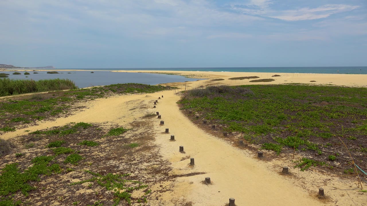 Curving sandy beach path with ocean horizon and two distant walkers.