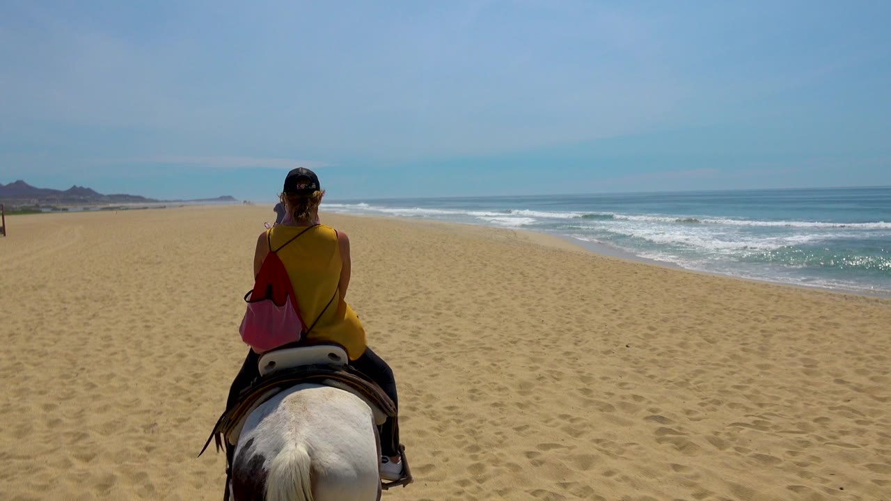 Woman on horseback with ocean waves and distant coastline ahead.