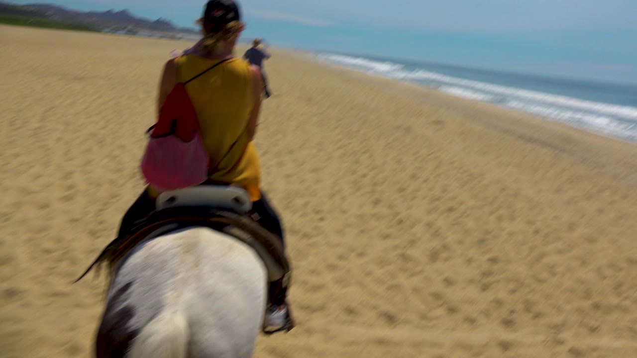 A rear view in San Jose Del Cabo, Mexico, shows the rider and white horse centered on the sand, with a long line of ocean waves to the right and low hills in the distance.