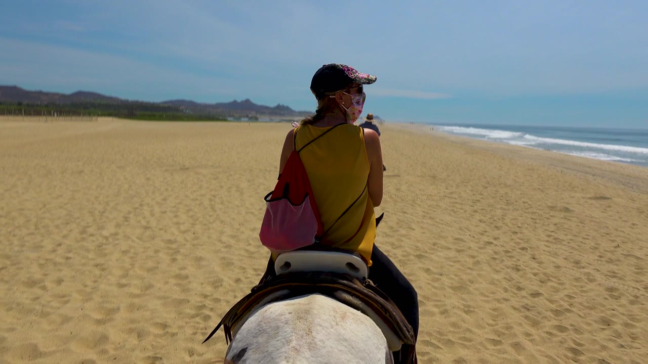 Rear view of a rider on horseback with inland hills left and surf right.