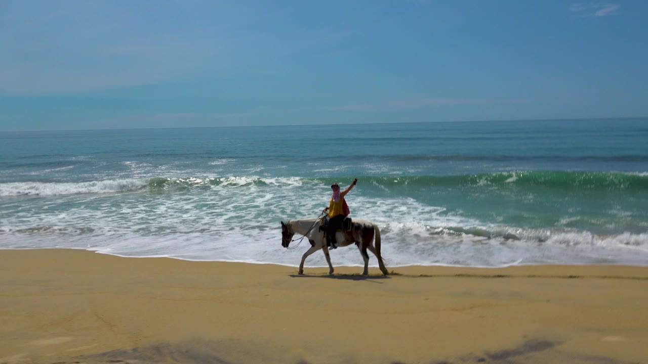 Horse and rider moving beside foamy waves