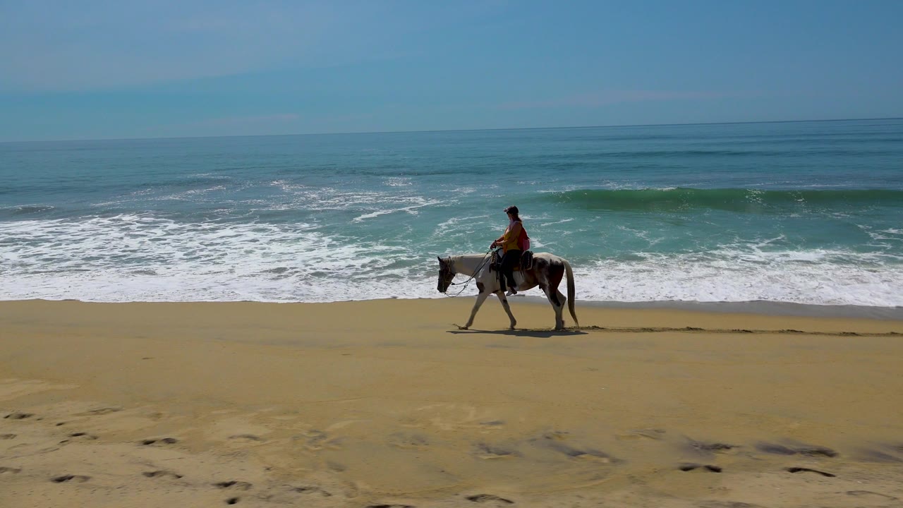A distant man on horseback rides across the sand in San Jose Del Cabo, Mexico, while a small wave rises behind him near the shoreline.