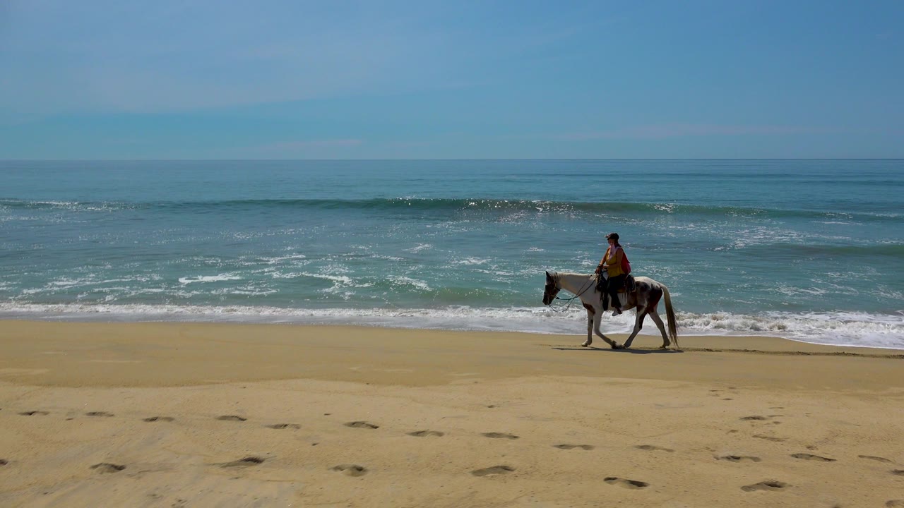 A distant woman on an appaloosa moves near the right side of the San Jose Del Cabo beach frame as a small wave breaks across the background.