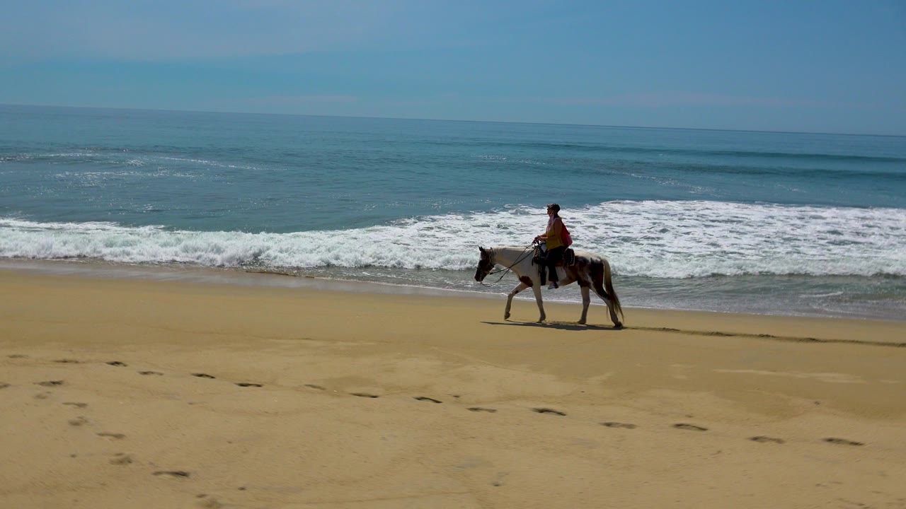 A rider on horseback moves along the sandy shoreline in San Jose del Cabo, Mexico, with white surf behind and footprints across the foreground.