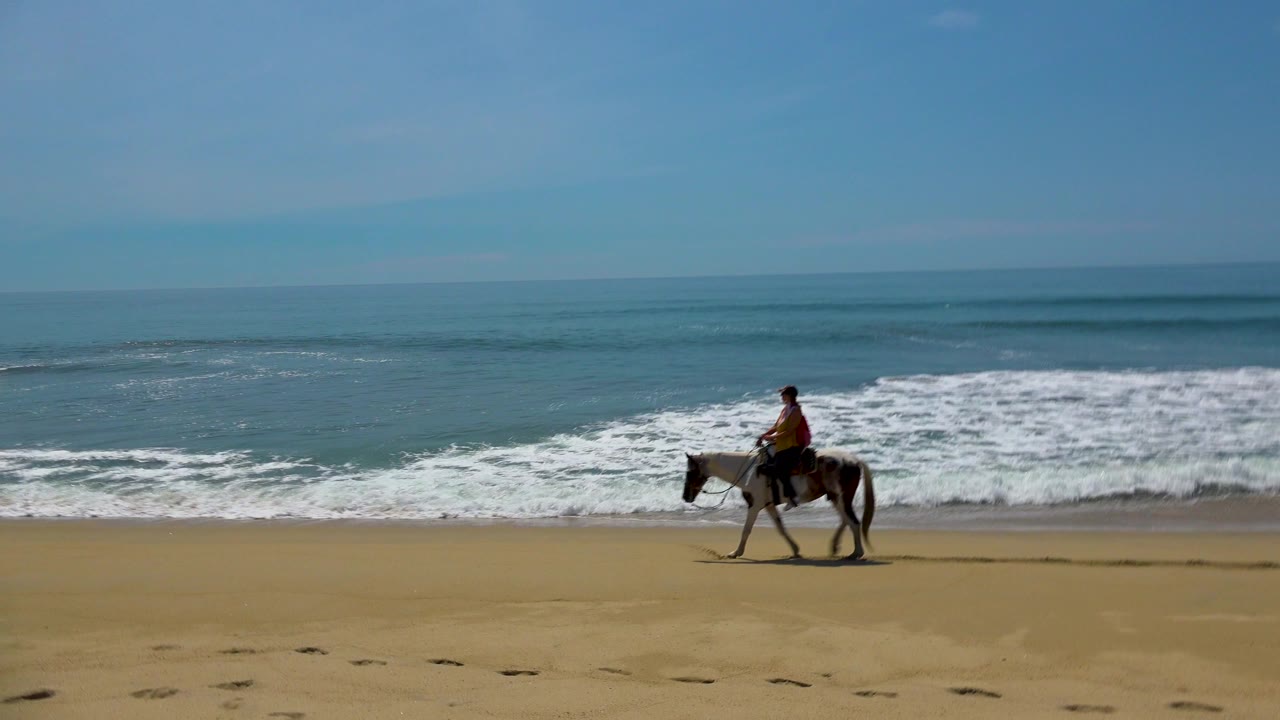 A rider on a horse appears farther right on the San Jose del Cabo shoreline, with foamy waves behind and a wide stretch of empty sand in front.