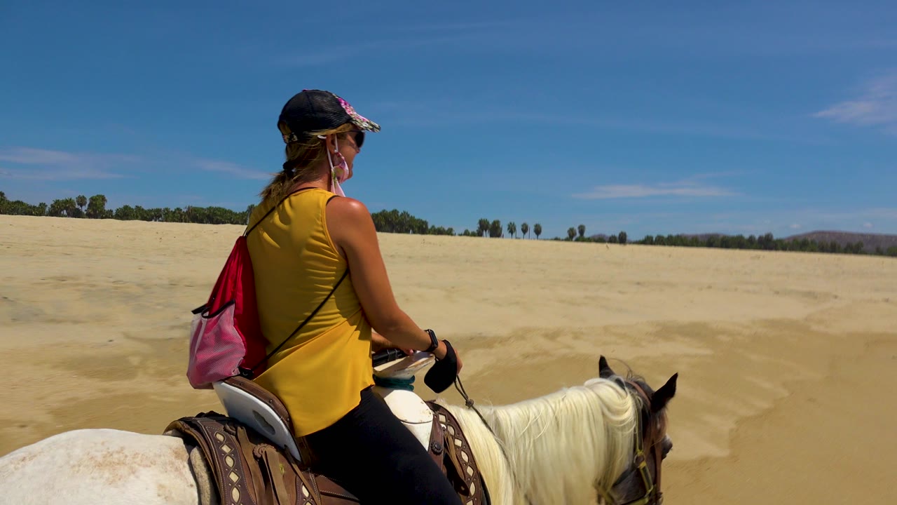 A woman on a white horse continues across the pale beach sand in San Jose Del Cabo, with the horse's head and saddle filling the lower foreground.
