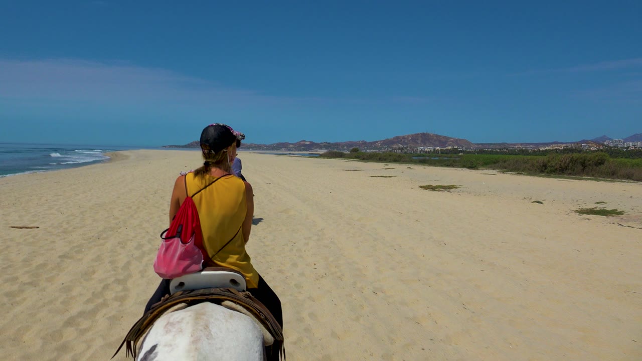 A rider in a yellow top sits on a white horse on a San Jose del Cabo beach, with surf to the left, open sand ahead, low greenery to the right, and distant hills under a blue sky.