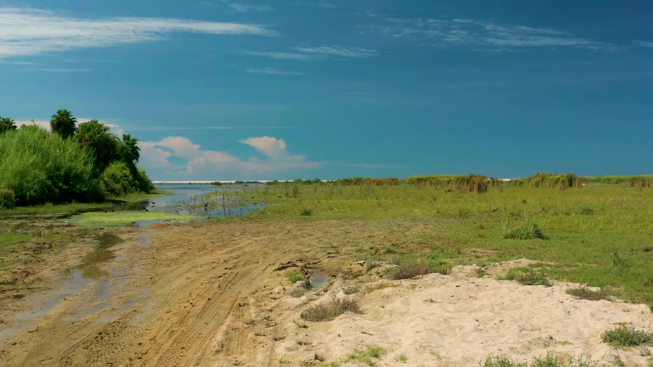 San Jose Del Cabo coastal wetland with sandy foreground, green brush at left, shallow water channels, blue sea on the horizon, scattered white clouds, and no visible people.