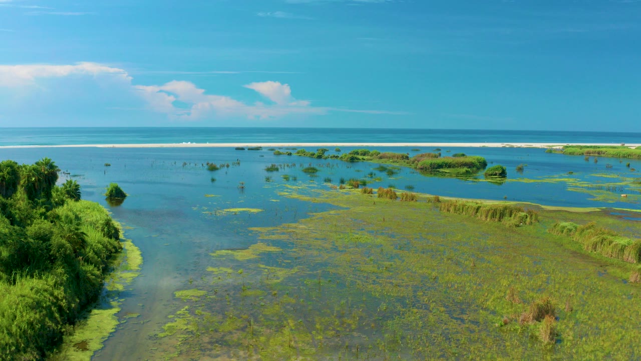 Opening frame over shallow blue-green water and marsh vegetation in San Jose Del Cabo, Mexico, with a white surf line on the horizon and no visible people.