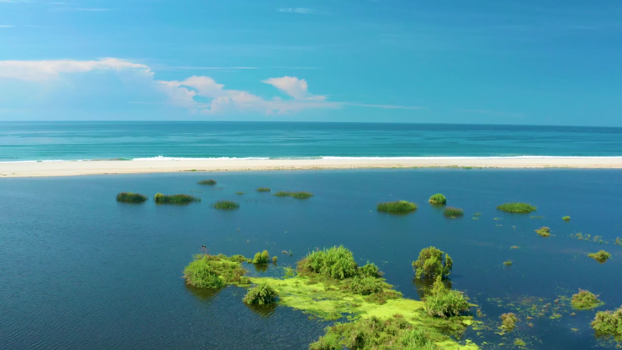 Aerial view in San Jose del Cabo with a larger green flooded patch near the lower frame, smaller vegetation clumps across the water, beach, surf, and no visible people.