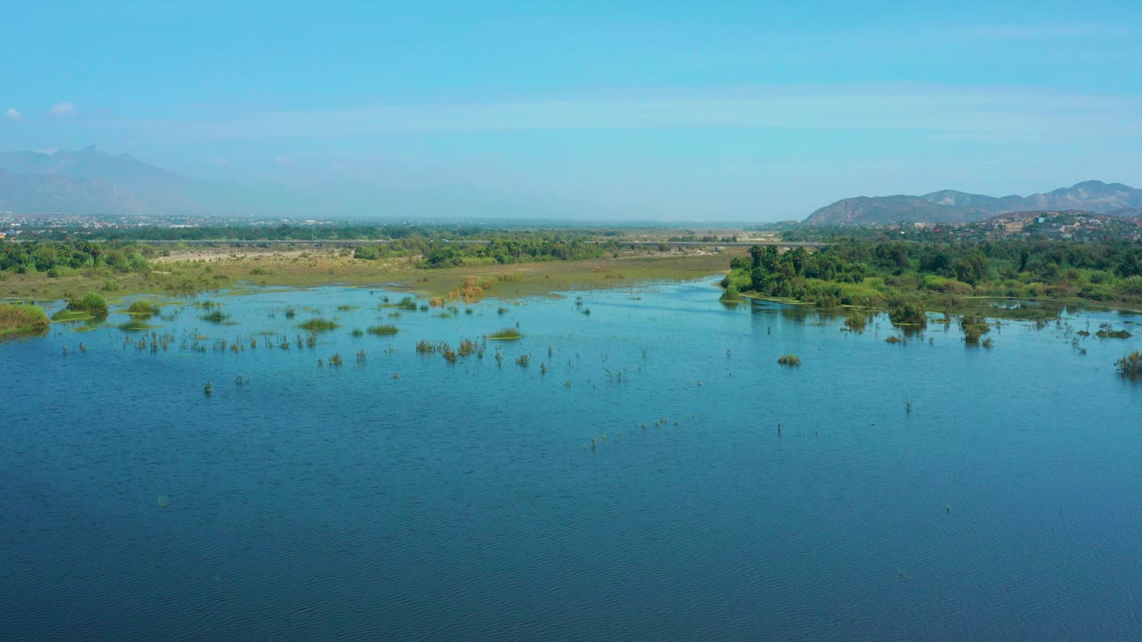Wide aerial frame in San Jose Del Cabo, Mexico showing blue water with sparse marsh plants, a green tree-lined shore, distant mountains, bright sky, and no visible people.