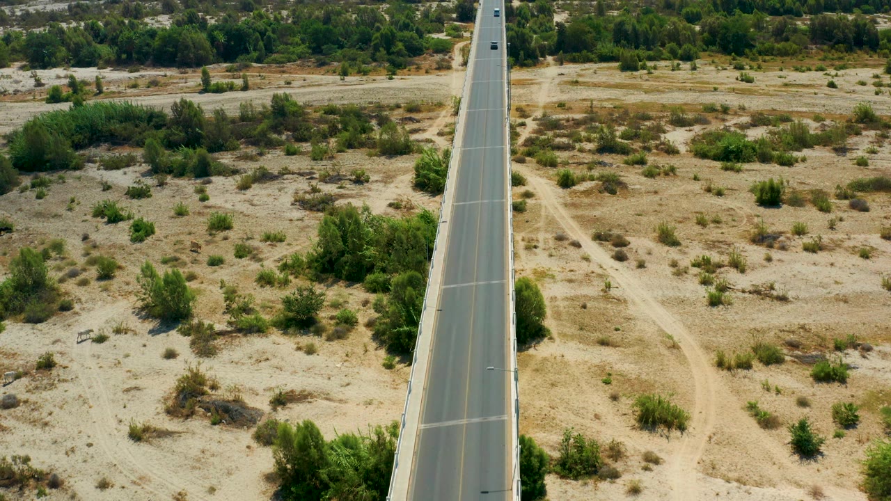 An overhead San Jose Del Cabo frame places the highway on the right, with pale arid terrain, scattered bushes, a winding dirt track, darker trees in the distance, and no visible people.