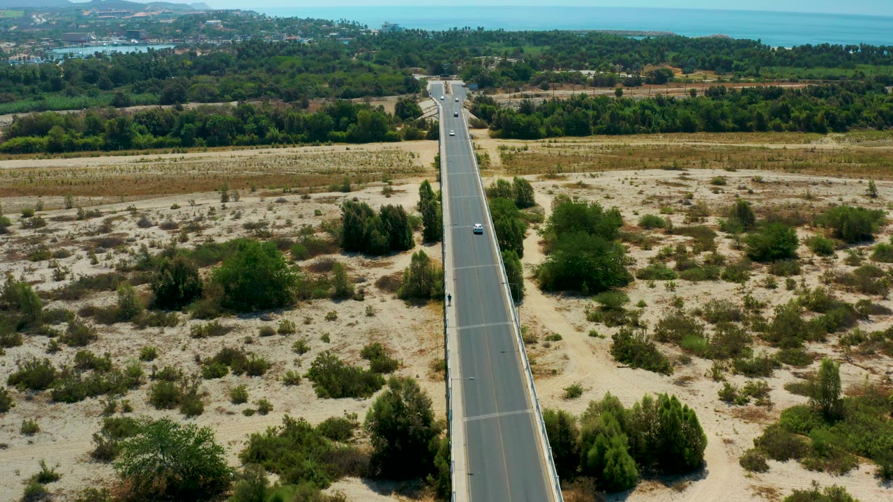 An elevated San Jose Del Cabo, Mexico, view shows a paved road leading past dry open land, green shrubs, a darker tree belt, distant water, and no visible people.