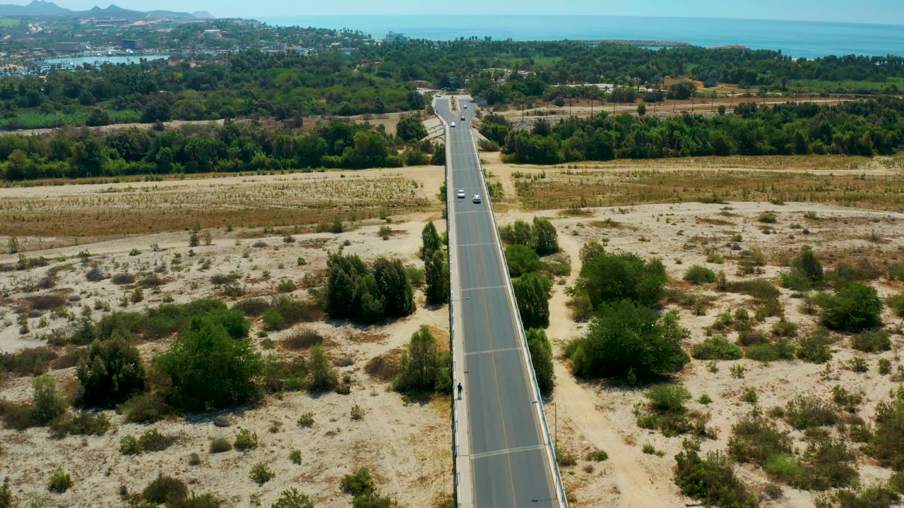 Aerial view in San Jose Del Cabo, Mexico, showing small cars spaced along the straight road, dry roadside vegetation, dense green trees beyond it, blue coastal water, and no visible people.