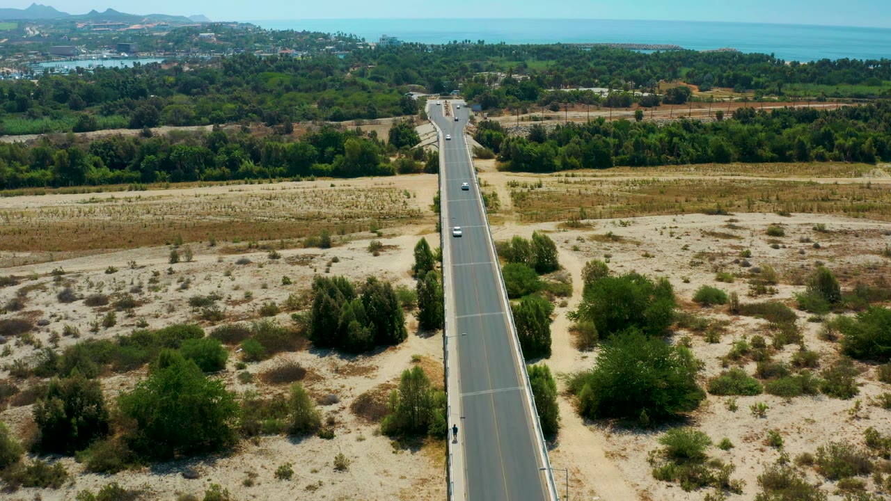 Aerial frame in San Jose Del Cabo, Mexico, with a few cars on the road, sandy open land and shrubs on both sides, a broad green tree belt, blue water in the background, and no visible people.