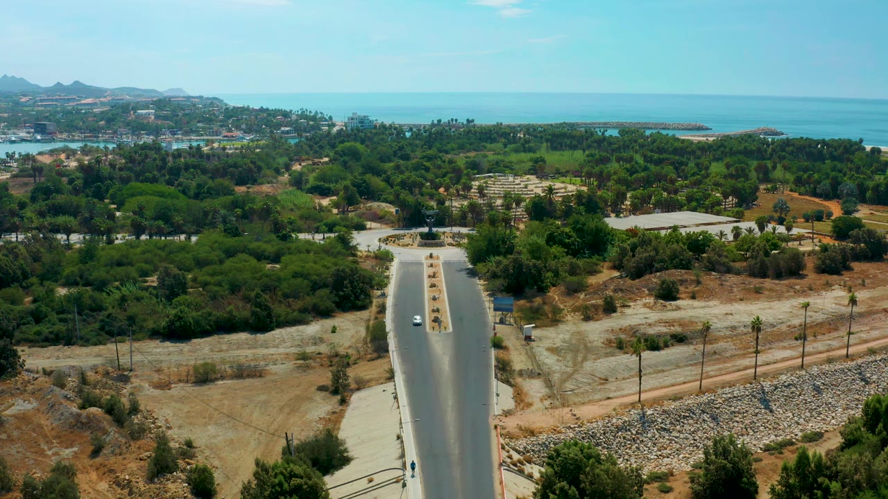 High view of roadway, scrubland, palms, tree cover, hills, and sea horizon.