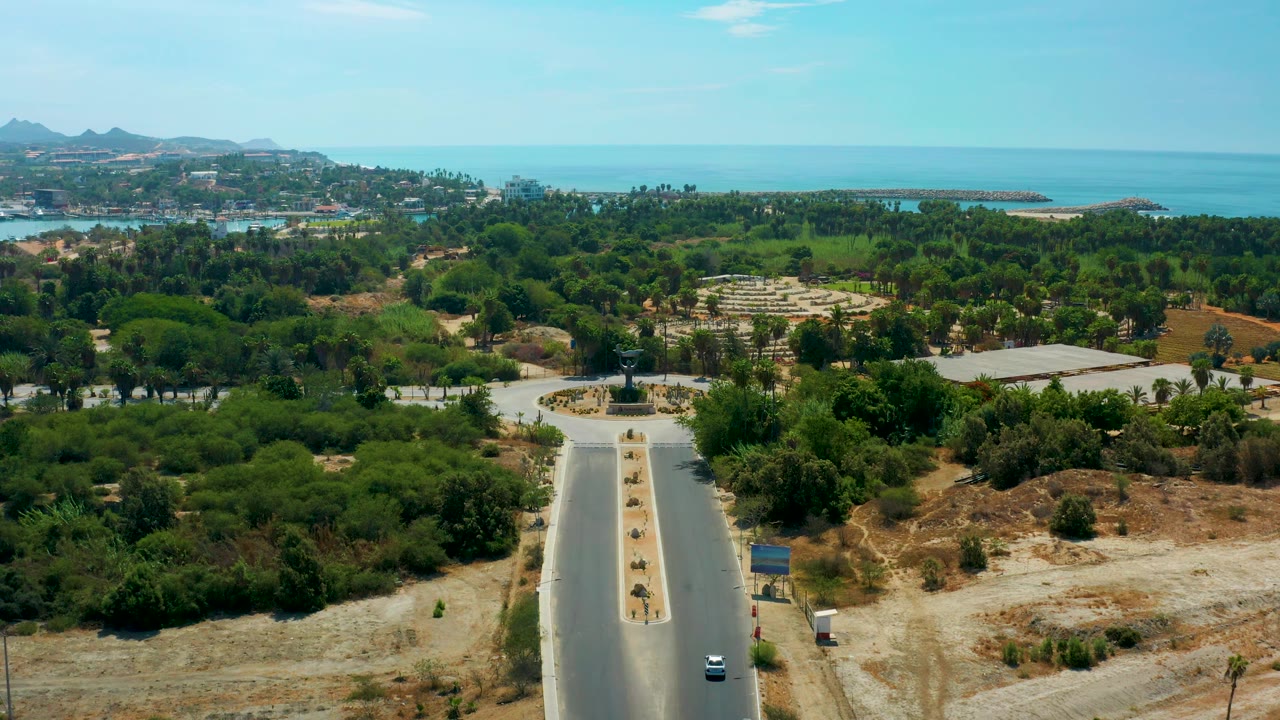 High aerial view in San Jose Del Cabo, Mexico, with the road still visible below, green vegetation filling the frame, low coastal development, ocean water, and no visible people.