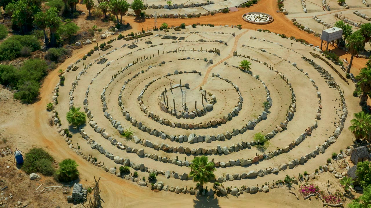 Overhead frame in San Jose Del Cabo, Mexico, with the circular stone layout slightly lower in view, palms and shrubs along the lower edge, and no visible people.