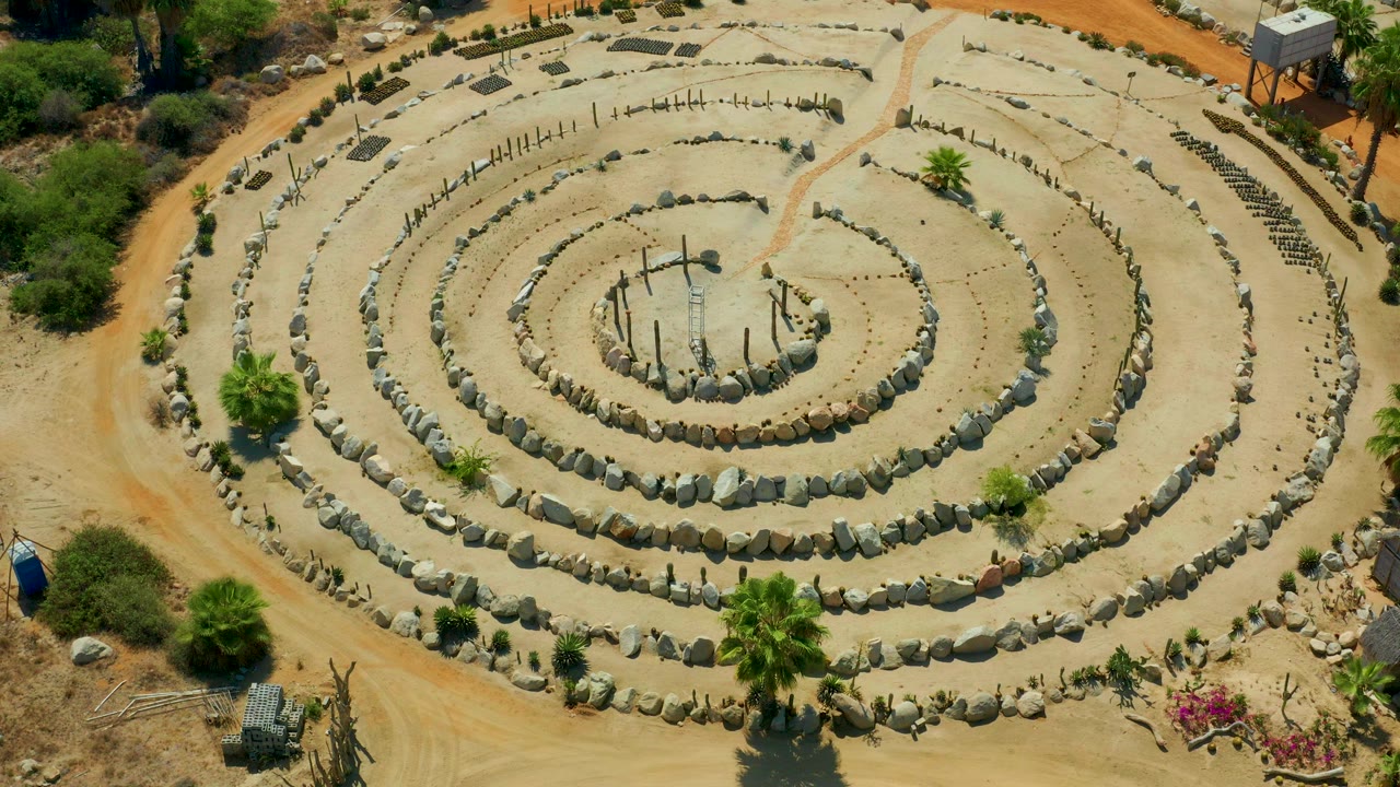Overhead frame in San Jose Del Cabo, Mexico showing concentric white stone rings in pale sand, green palms and shrubs at the edges, reddish paths, and no visible people.