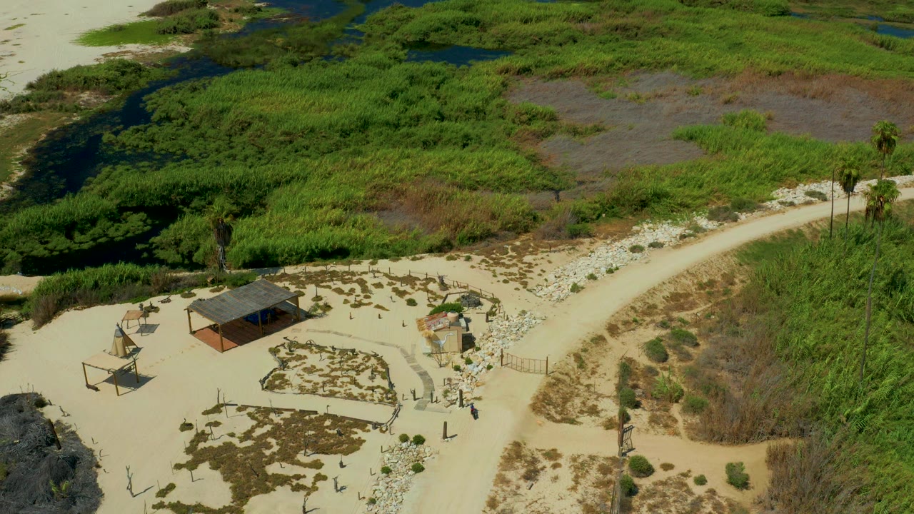 Aerial frame in San Jose Del Cabo, Mexico, with the shack at the lower left, sandy open ground around it, a curved trail through the center, darker scrub to the right, green reeds above, and no visible people.