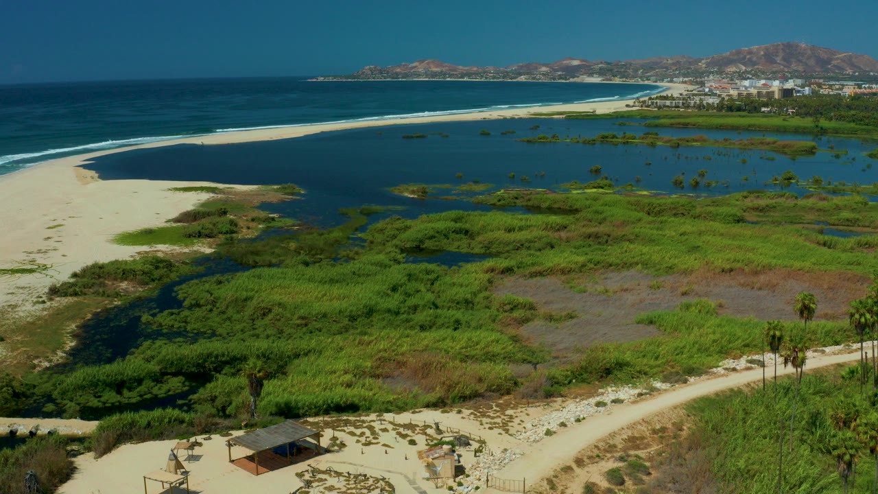 Aerial frame from San Jose Del Cabo showing a sandy road and palms in the foreground, green lagoon wetlands, a pale beach strip, blue ocean, distant buildings, hills, and no visible people.