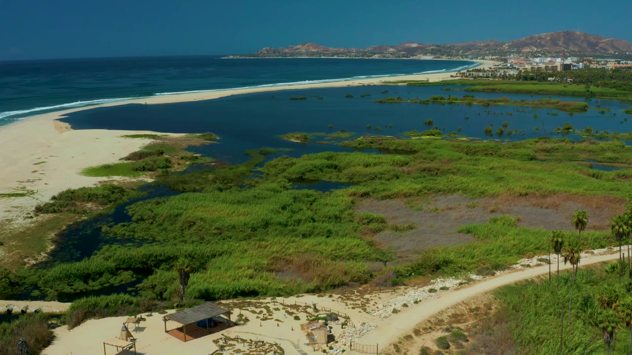 Wide San Jose Del Cabo aerial with the sandy beach curving beside dark lagoon water, dense green vegetation below, blue ocean to the left, distant town buildings, hills, and no visible people.
