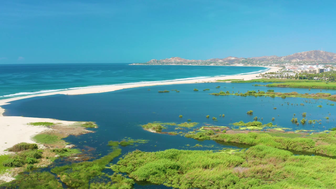 Aerial frame in San Jose del Cabo, Mexico, where green vegetation fills more of the lower foreground while the lagoon, surf, beach, distant buildings, and hills remain visible, with no visible people.