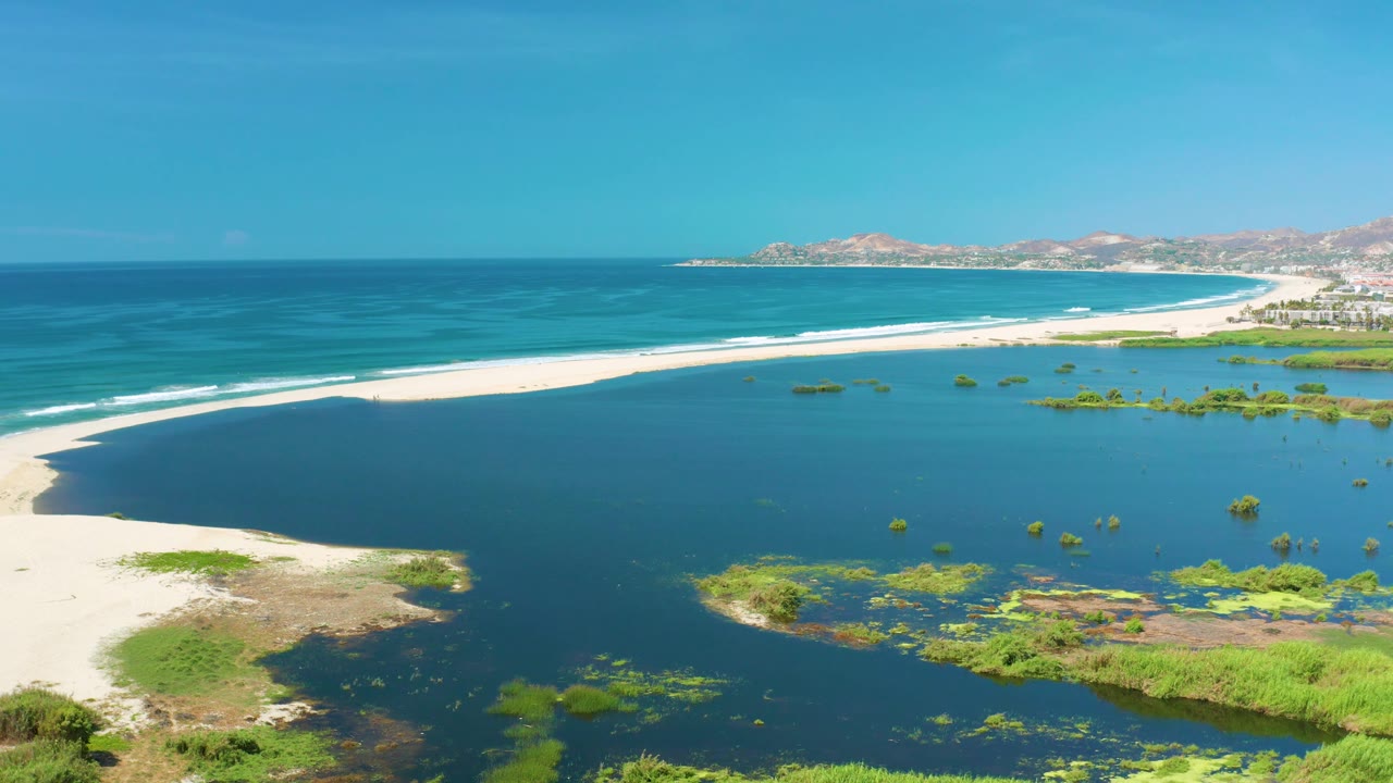 Drone-like frame in San Jose Del Cabo, Mexico, looking over green foreground plants and dark lagoon water toward a white beach, blue sea, hills, and no visible people.