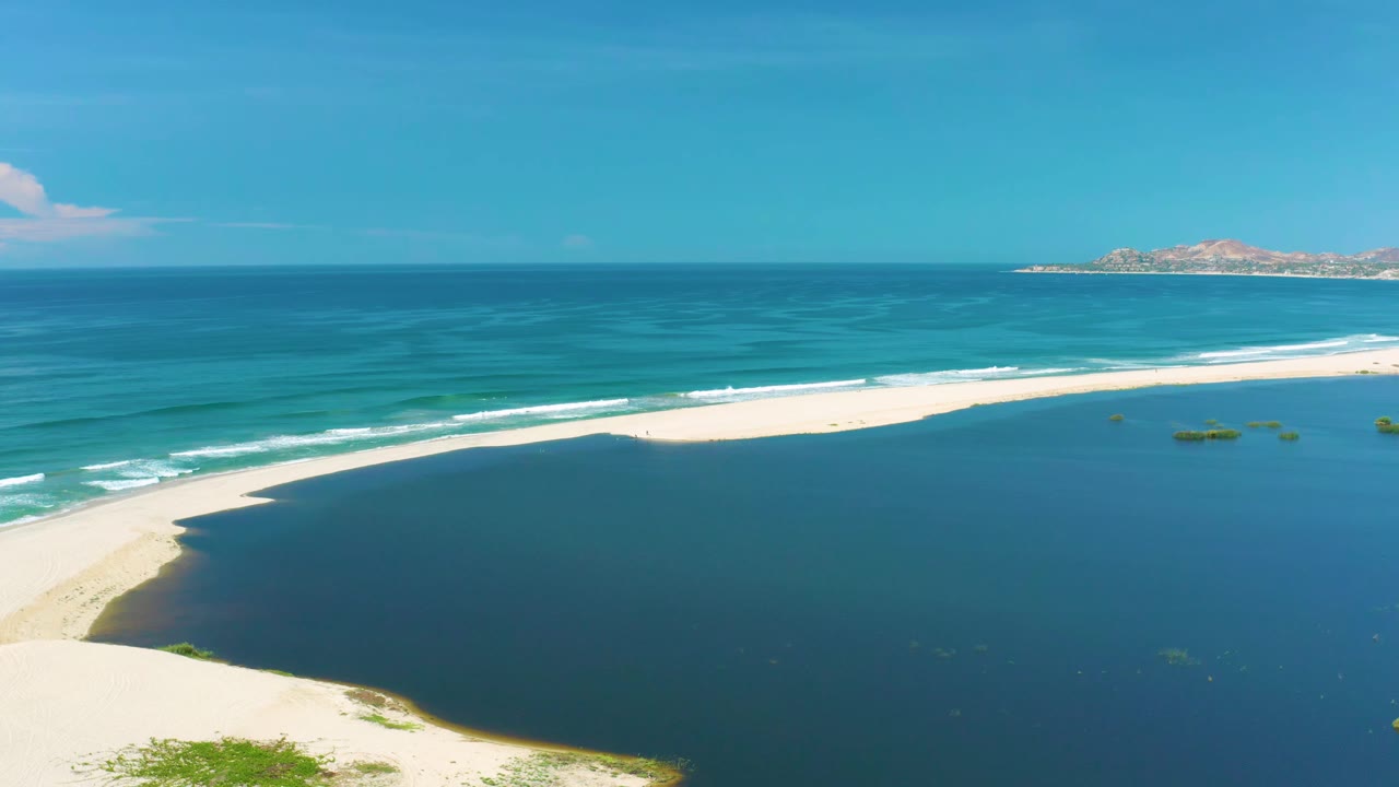 Second frame shows the San Jose Del Cabo beach from above, with the lagoon filling the foreground, the sandbar cutting across the middle, breaking waves behind it, and no visible people.