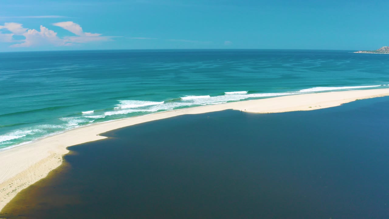 Aerial frame over San Jose Del Cabo coastline with turquoise ocean, a pale sandbar, dark foreground water, white surf, blue sky, and no visible people.