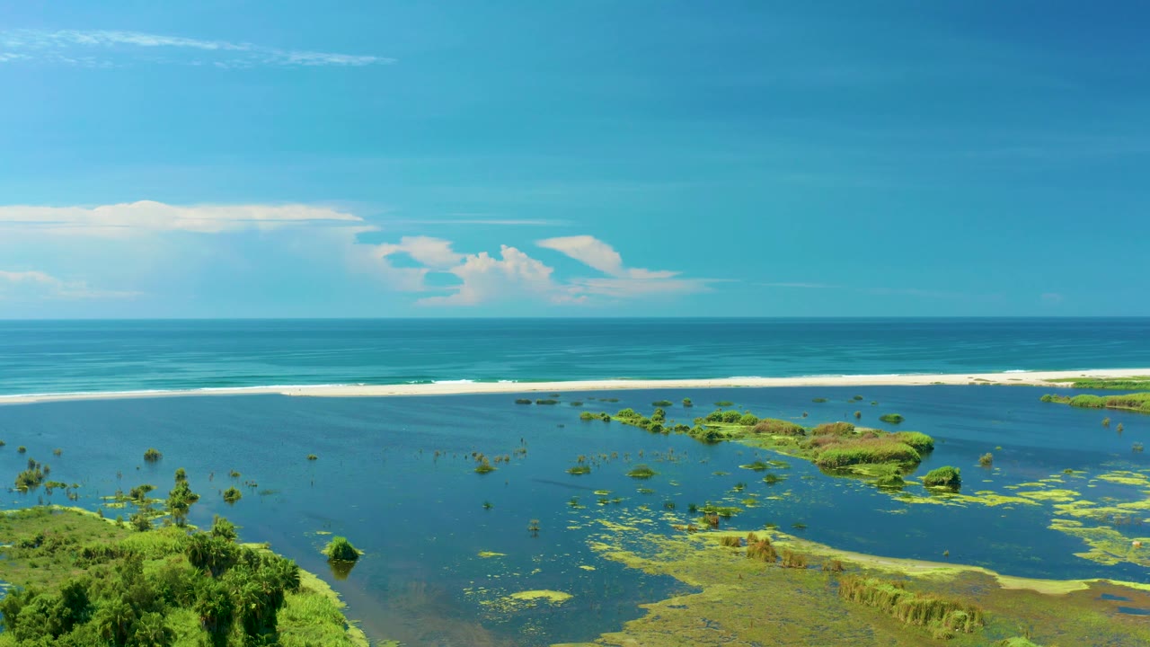 Third frame holds on San Jose Del Cabo blue water, with low green shoreline growth across the lower frame, a pale surf band, high blue sky, and no visible people.